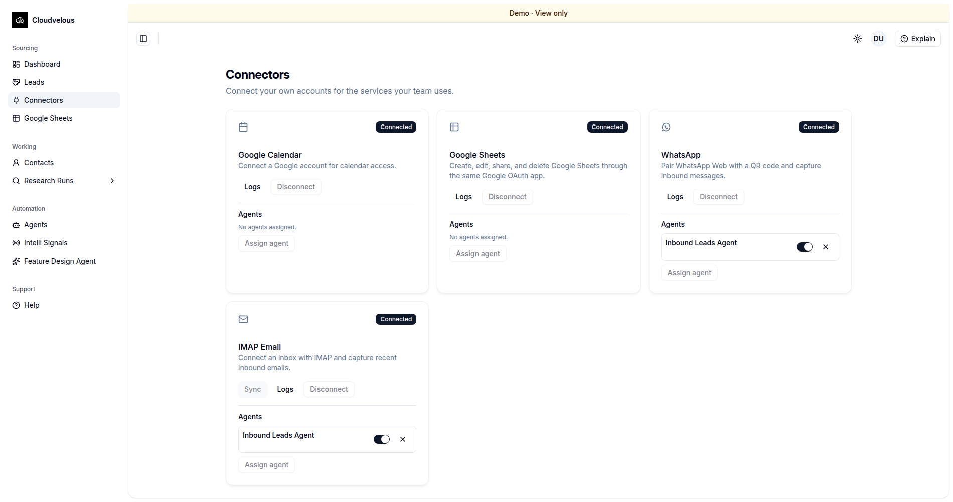 Connectors page showing the Inbound Leads Agent assigned to both WhatsApp and IMAP Email