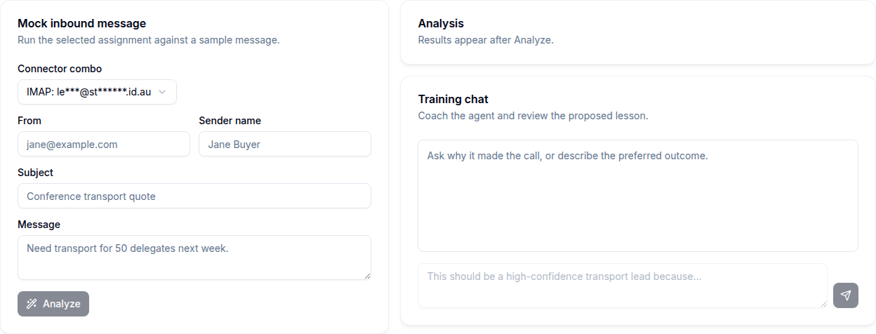 Training tab showing the mock inbound message form and training chat panel