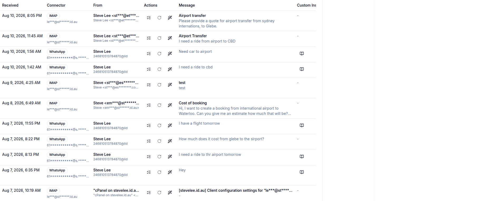Parsed messages table showing IMAP and WhatsApp rows with confidence scores and decisions