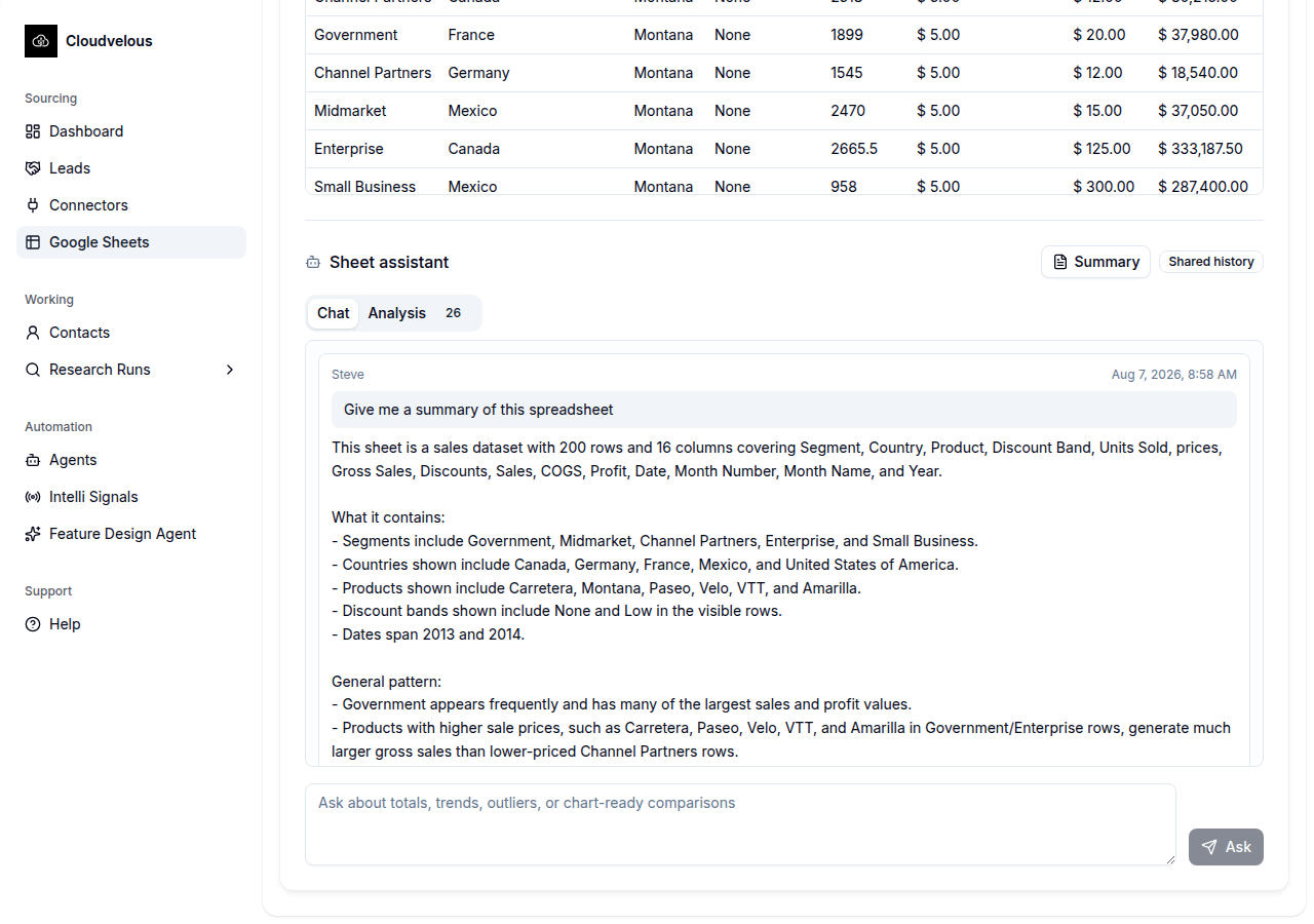 Sheet assistant chat panel showing a grounded natural-language summary of the spreadsheet's actual contents